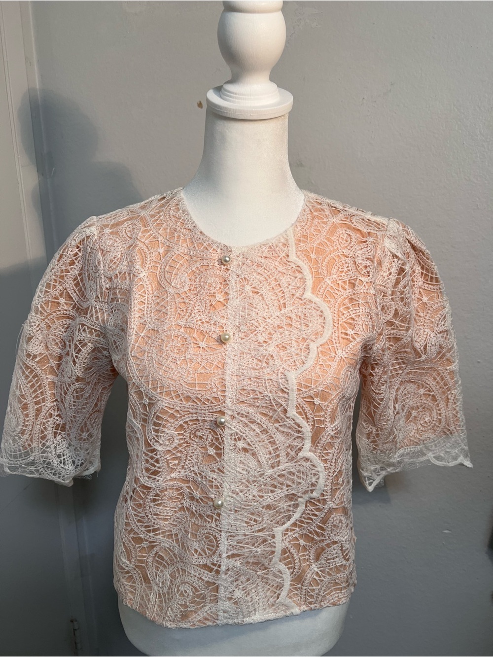 Zane White Lace Button-Front Blouse over Peach Lining